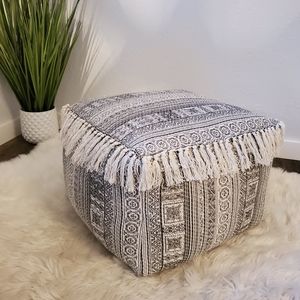Handmade Floor Pouf Pillow Boho Style Gray & White Tassles